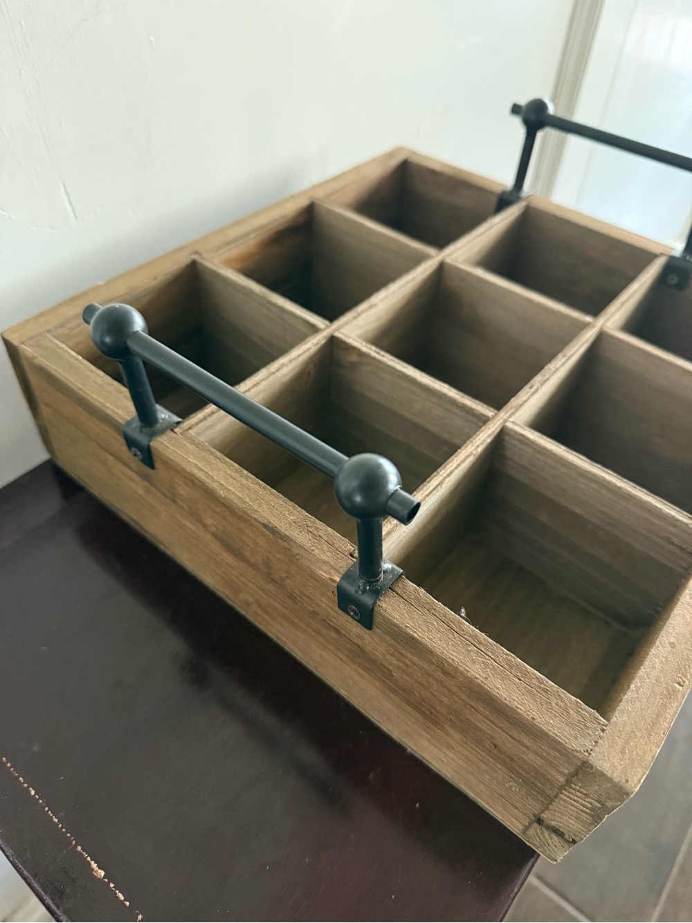 Wood Compartment Organizer Tray with Metal Handles - Brown